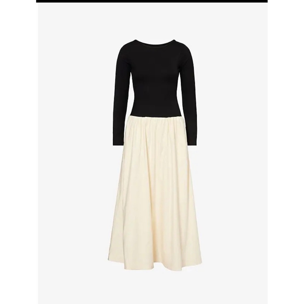 Reformation Small Black Cream Long Sleeve Scoop Back Midi Dress Pockets